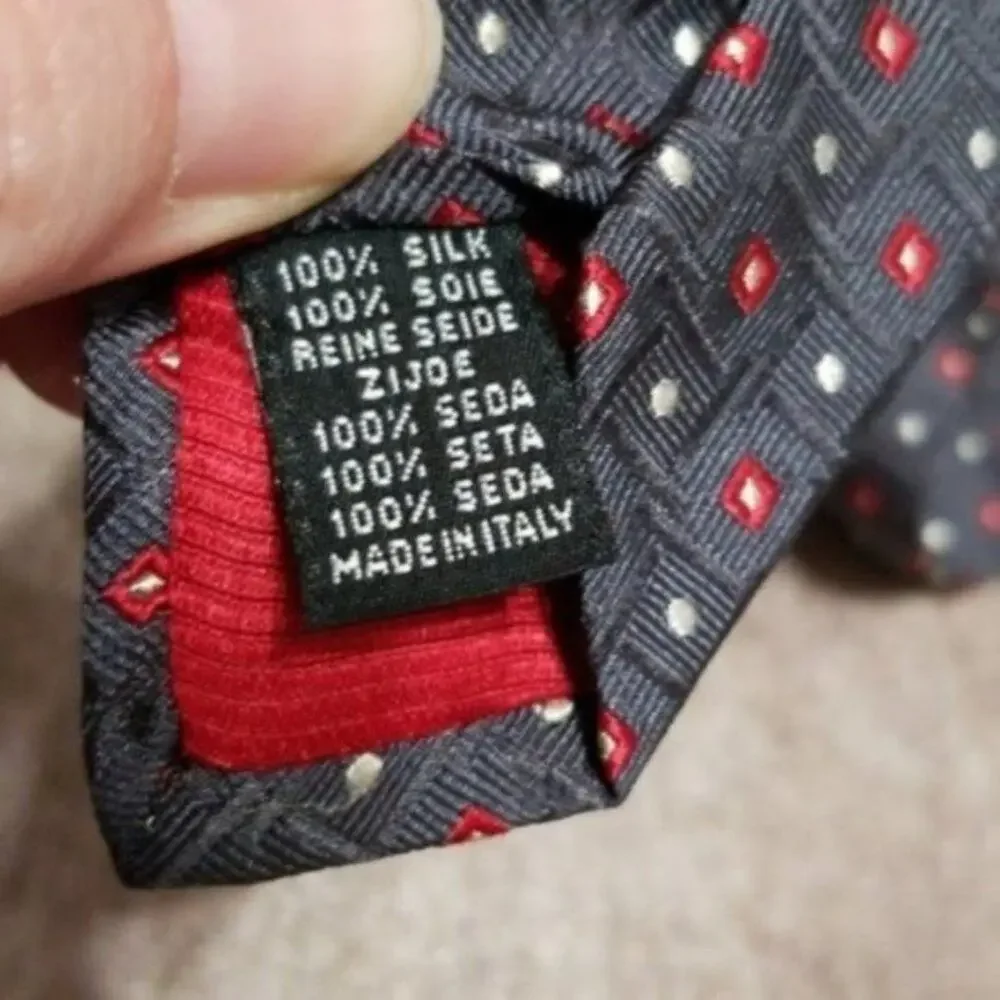 Sonja Kampy Men's Silk Gray Red and White Polka Dot Necktie